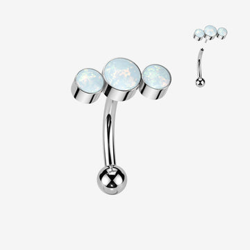 Implant Grade Titanium OneFit Threadless Bubble Trio Fire Opal Top Curved Barbell-White Opal